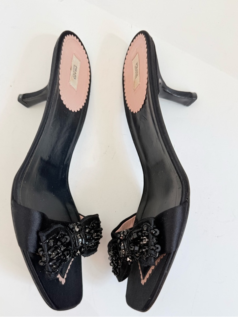 Prada Y2K Archive Satin Black Beaded Bow Kitten Heel mule EU 39.5 - Picture 5 of 8